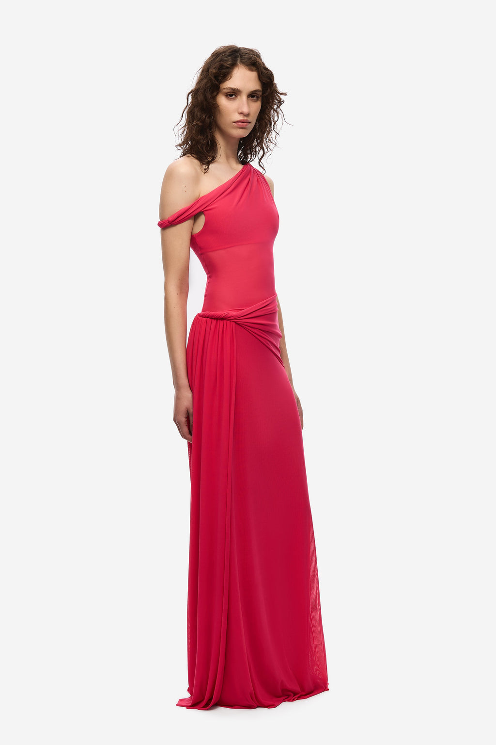Bright rose one-shoulder maxi dress with twisted front drape and flowing skirt