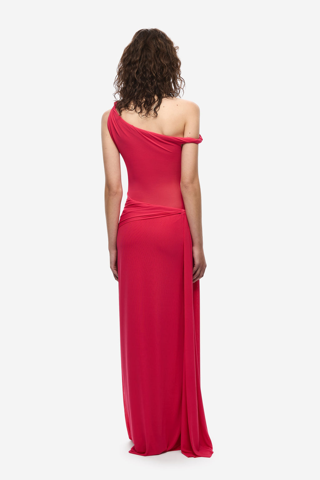 Bright rose one-shoulder maxi dress, ruched back and draped waist