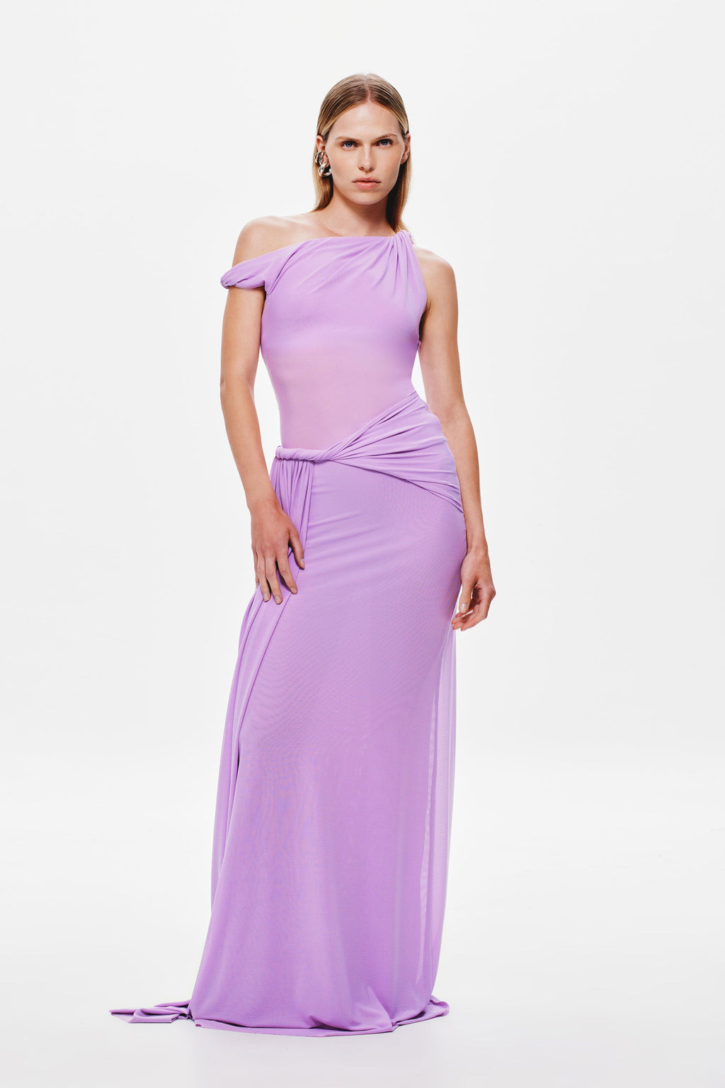 Lilac one-shoulder mesh maxi dress with draped bodice and gathered waist