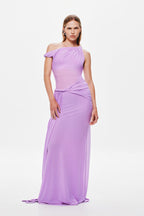 Lilac one-shoulder mesh maxi dress with draped bodice and gathered waist
