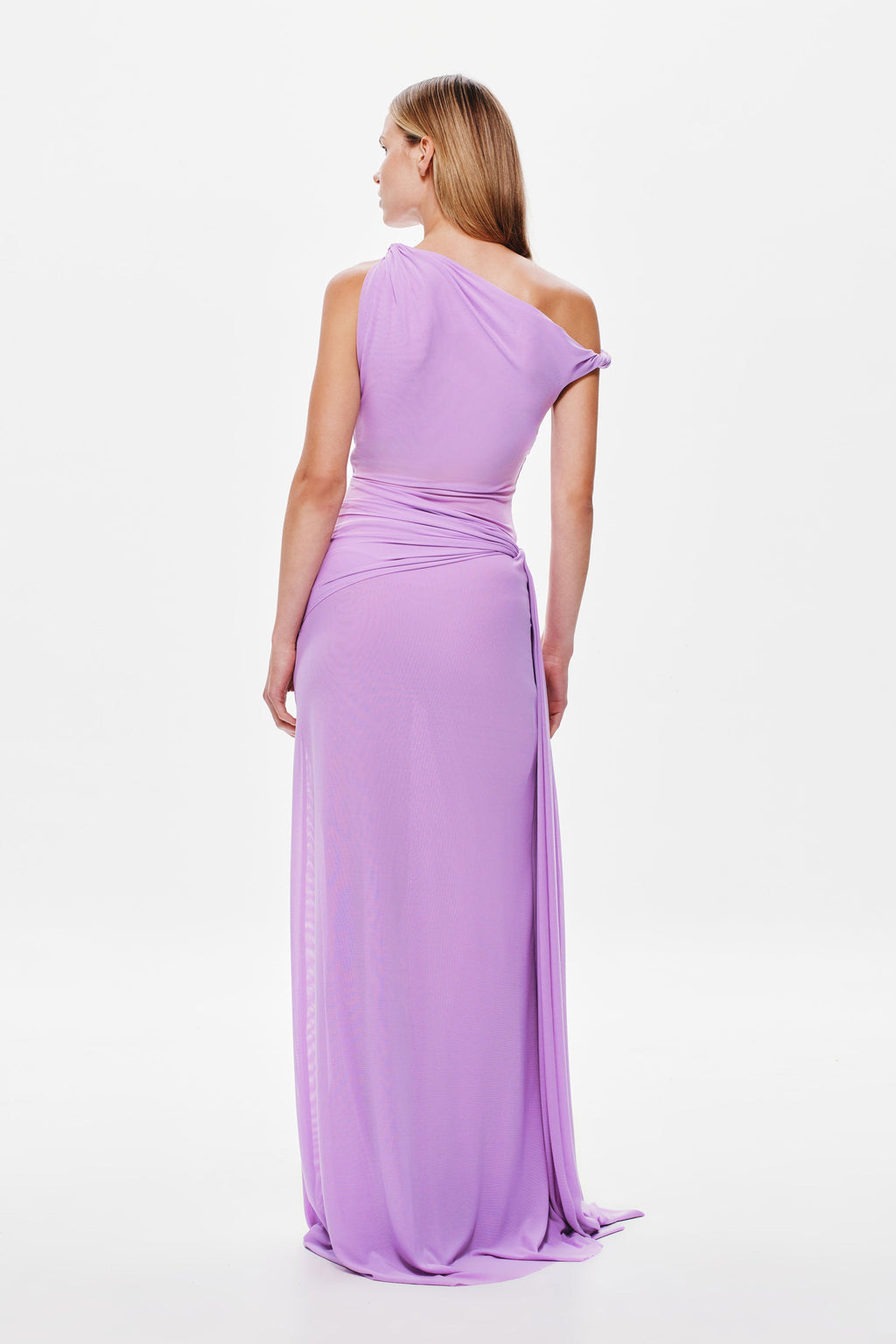 Lilac one-shoulder mesh maxi dress with draped back and gathered waist