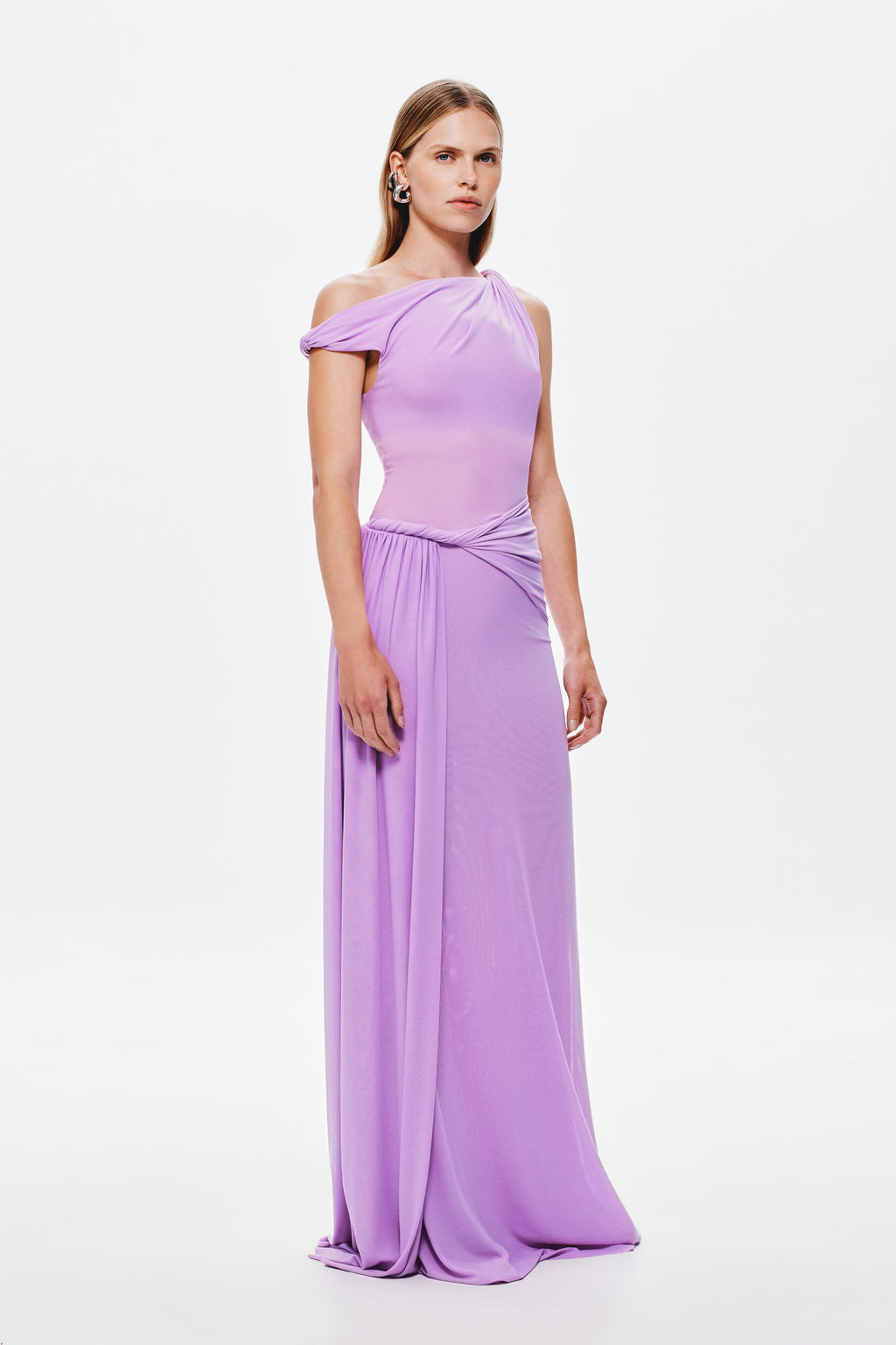 Lilac draped mesh maxi dress with one-shoulder neckline and side ruching
