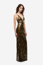 Olive-gold sequin maxi dress with V-neck and sleeveless cut