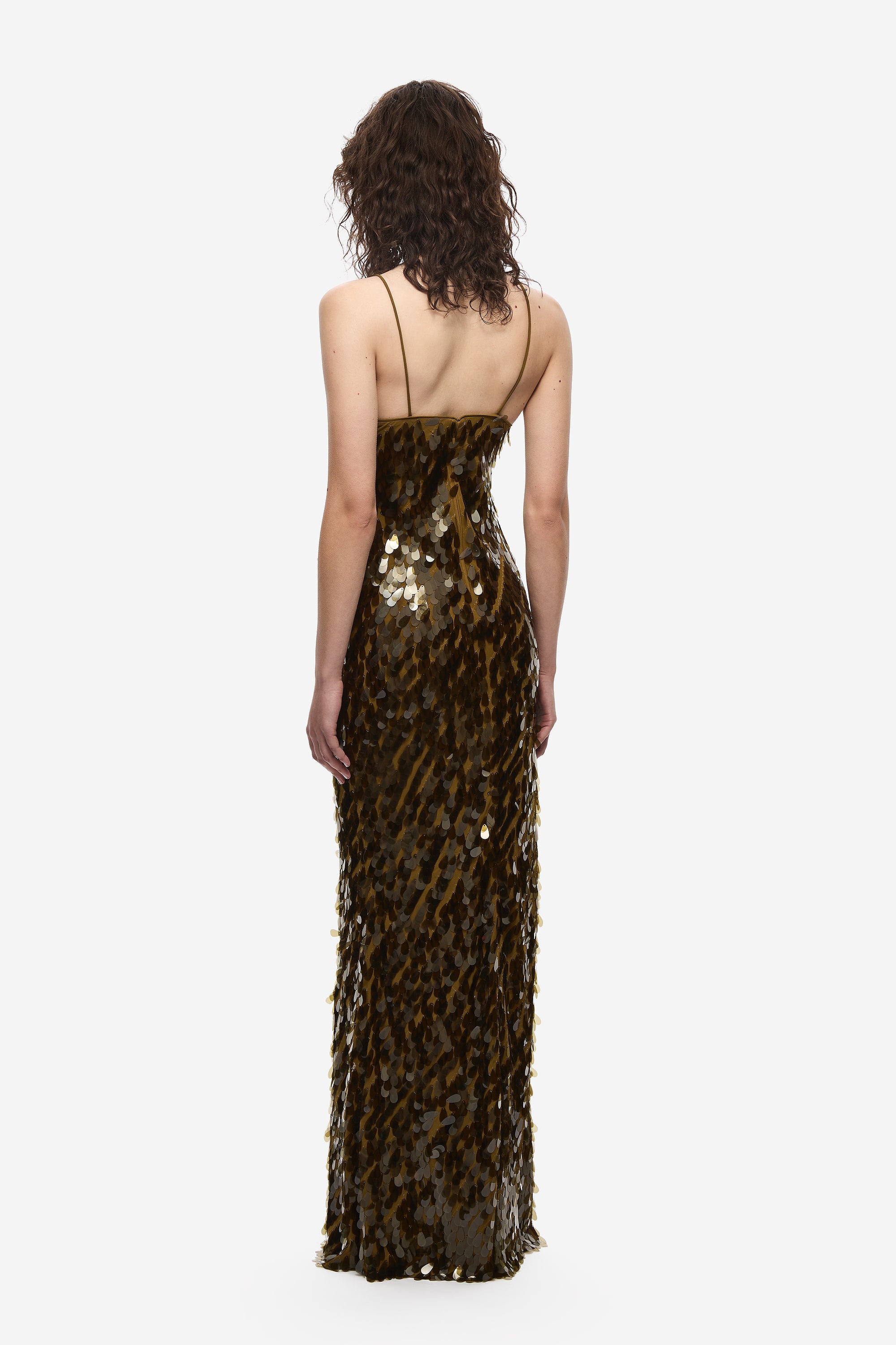 Backless olive-gold sequin maxi dress with thin straps and open back