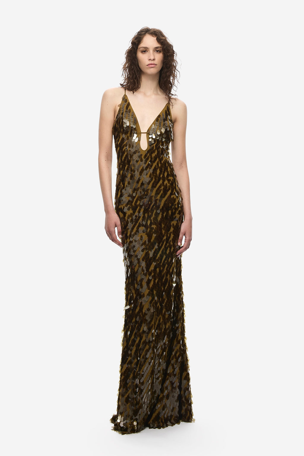 Olive-gold sequin maxi dress with V-neck and thin spaghetti straps