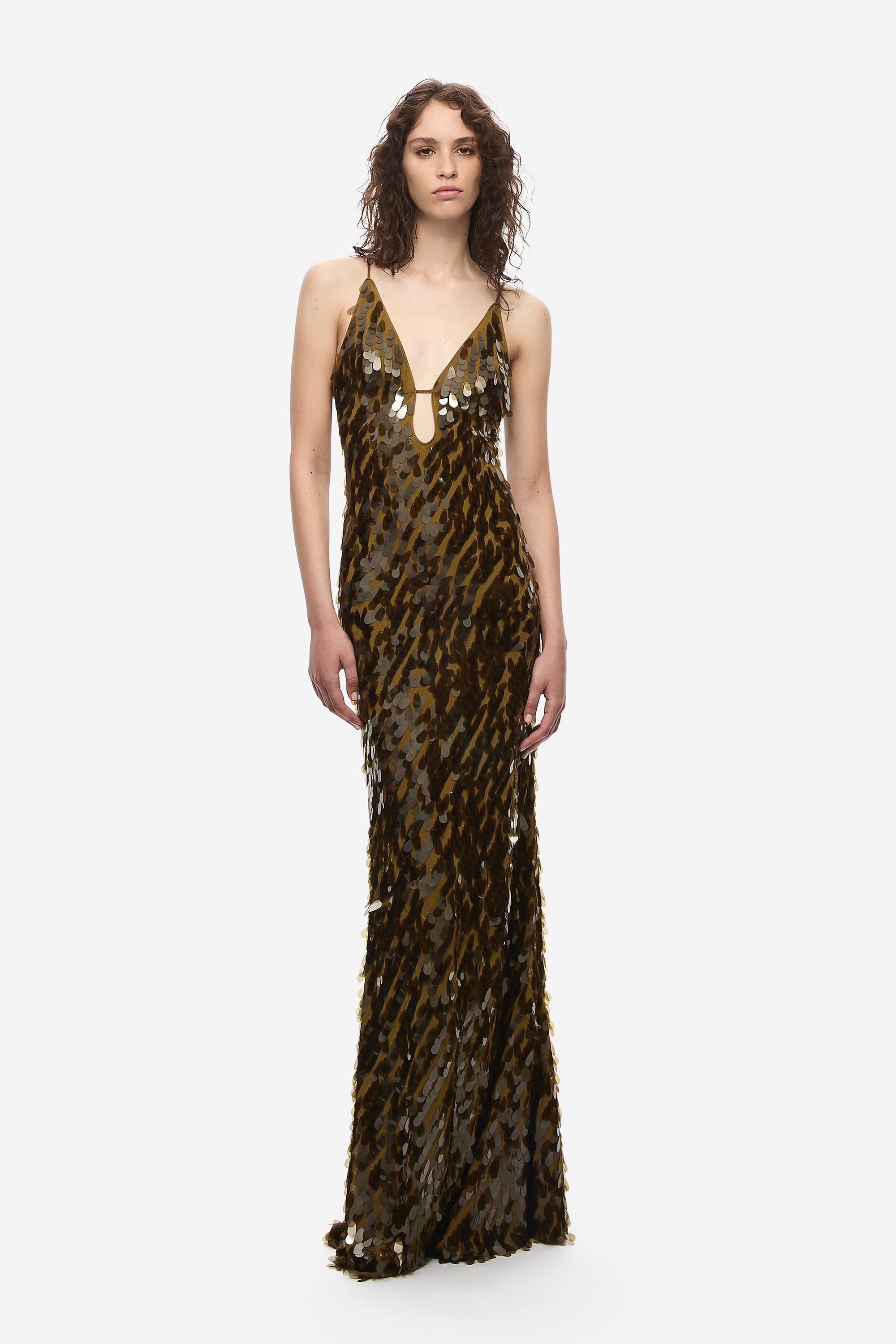 Olive-gold sequin maxi dress with V-neck and thin spaghetti straps