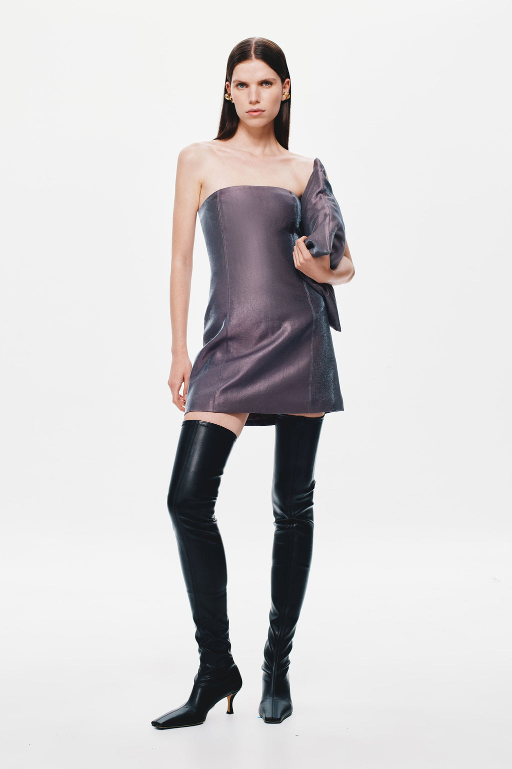 Aubergine strapless mini puffer dress with draped side profile