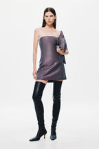 Aubergine strapless mini puffer dress with draped side profile