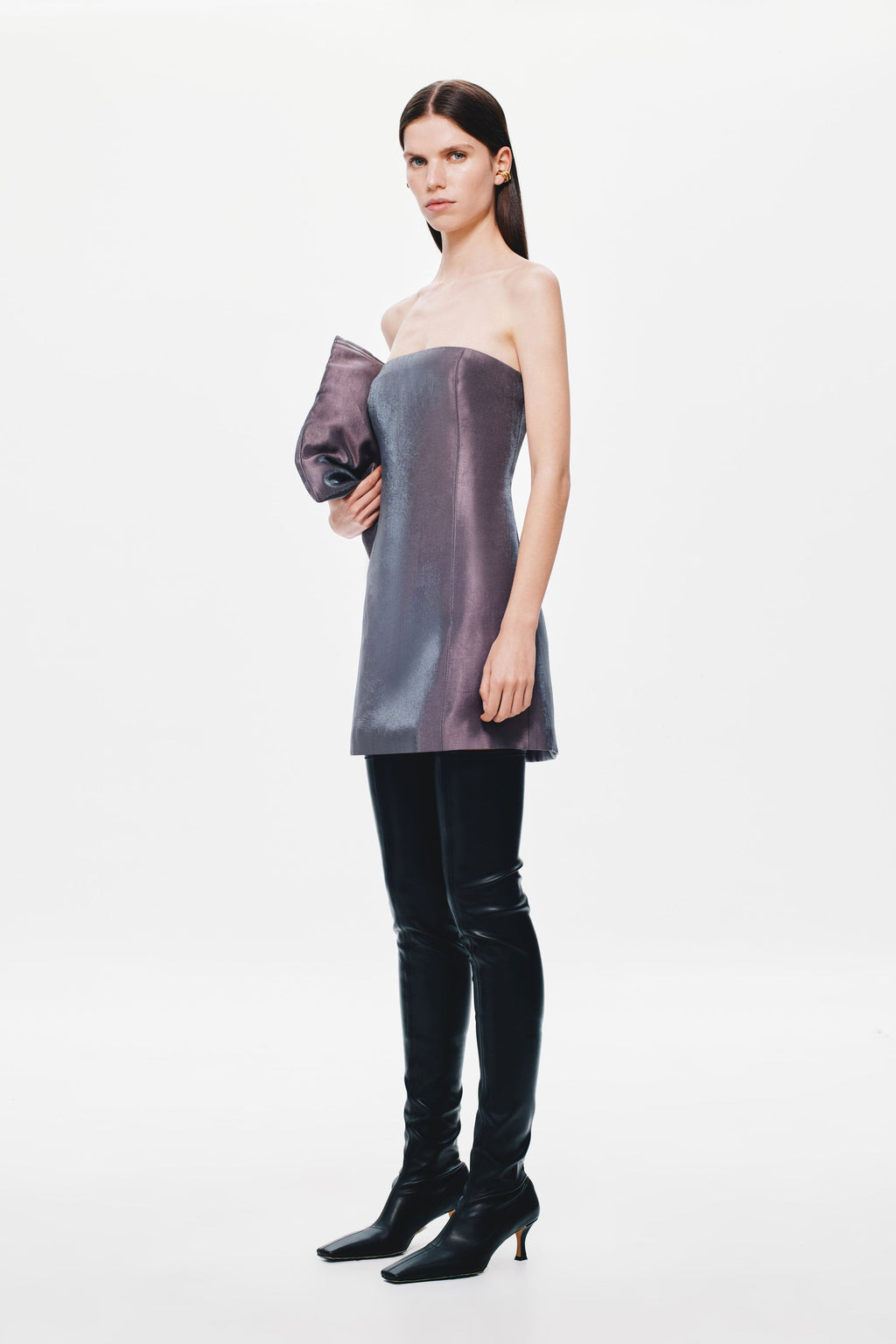 Aubergine strapless mini puffer dress with off-shoulder neckline detail