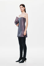 Aubergine strapless mini puffer dress with off-shoulder neckline detail