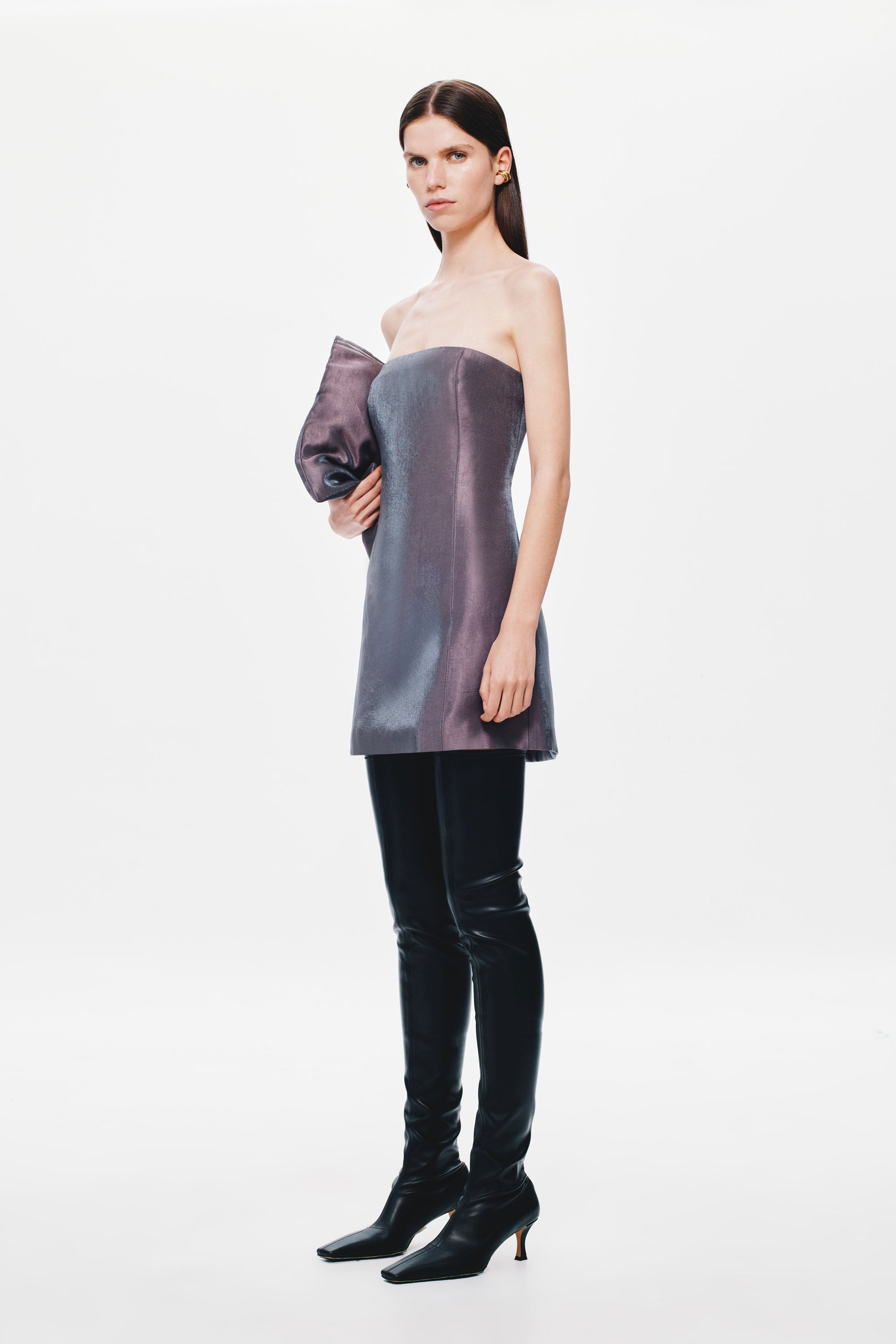 Aubergine strapless mini puffer dress with off-shoulder neckline detail