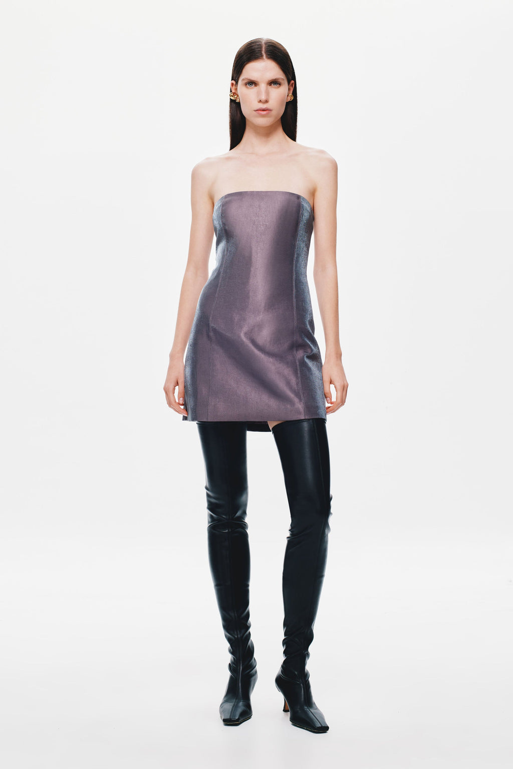 Aubergine strapless mini puffer dress on model, sleeveless bandeau fit