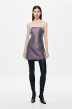 Aubergine strapless mini puffer dress on model, sleeveless bandeau fit