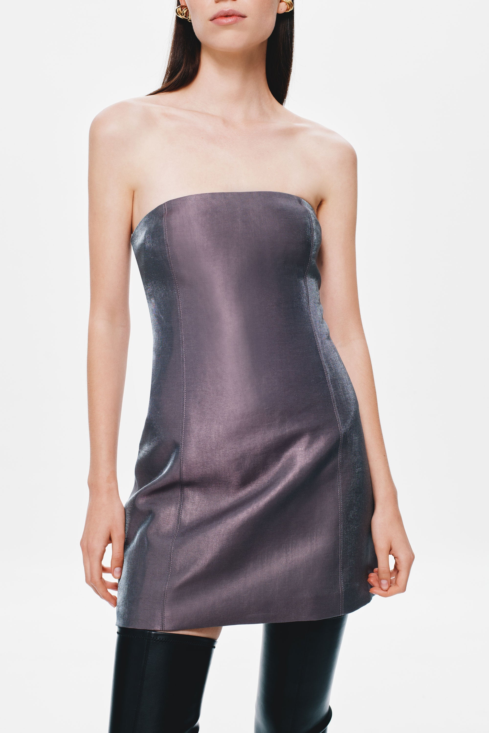 Aubergine strapless mini puffer dress, close-up bandeau neckline