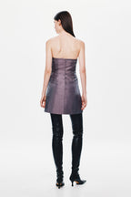 Aubergine strapless mini puffer dress, back view with straight hem