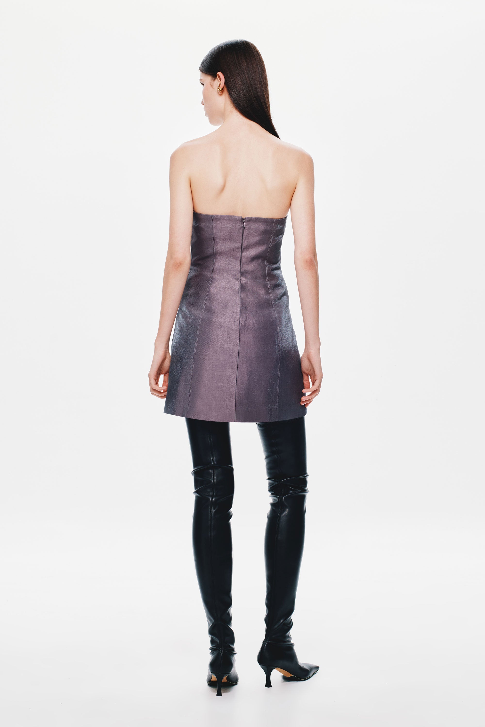 Aubergine strapless mini puffer dress, back view with straight hem