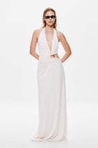 Ivory halter maxi dress with deep V neckline and ruched center ring detail