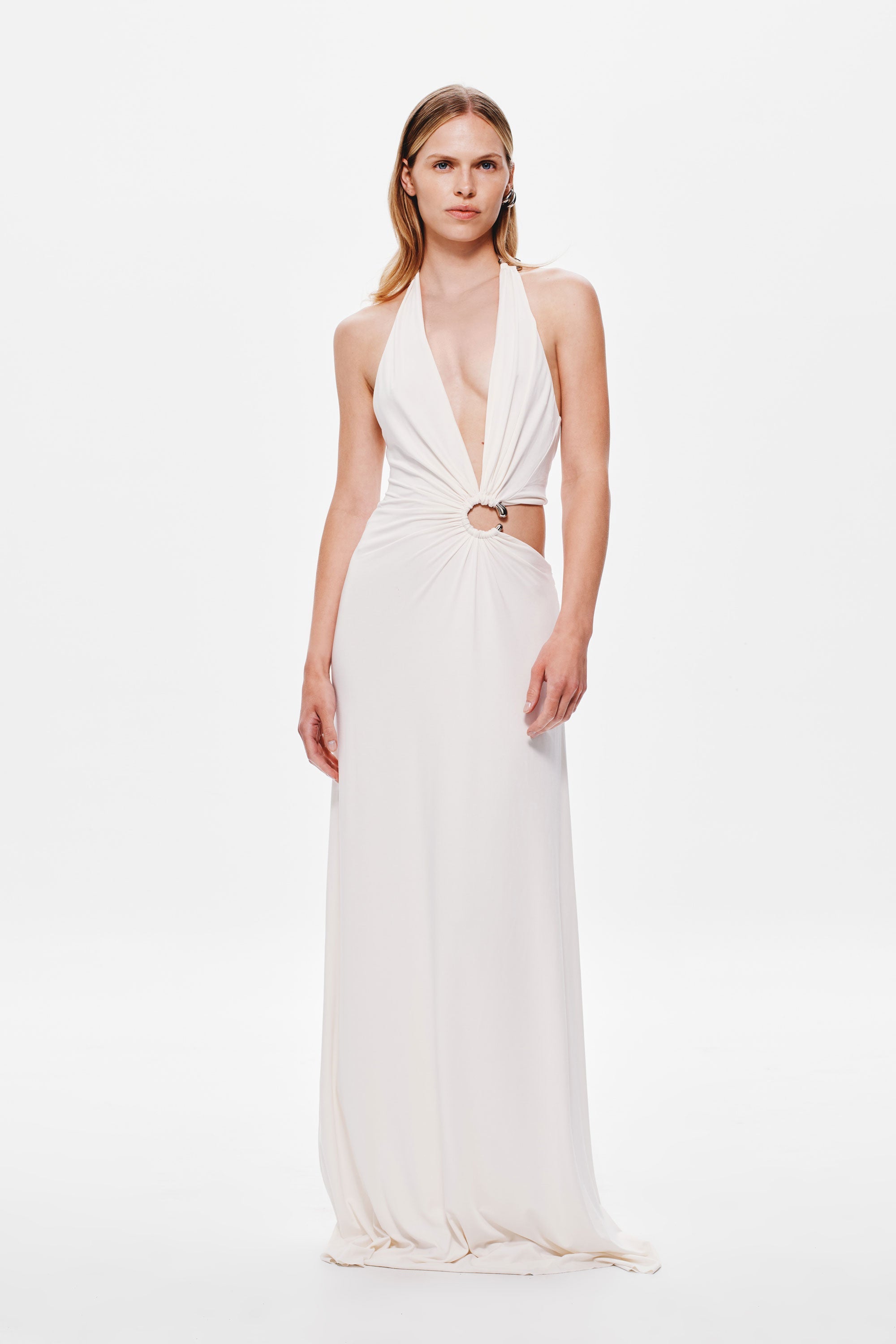 Ivory halter cupro dress with deep V neckline and ruched waist ring detail