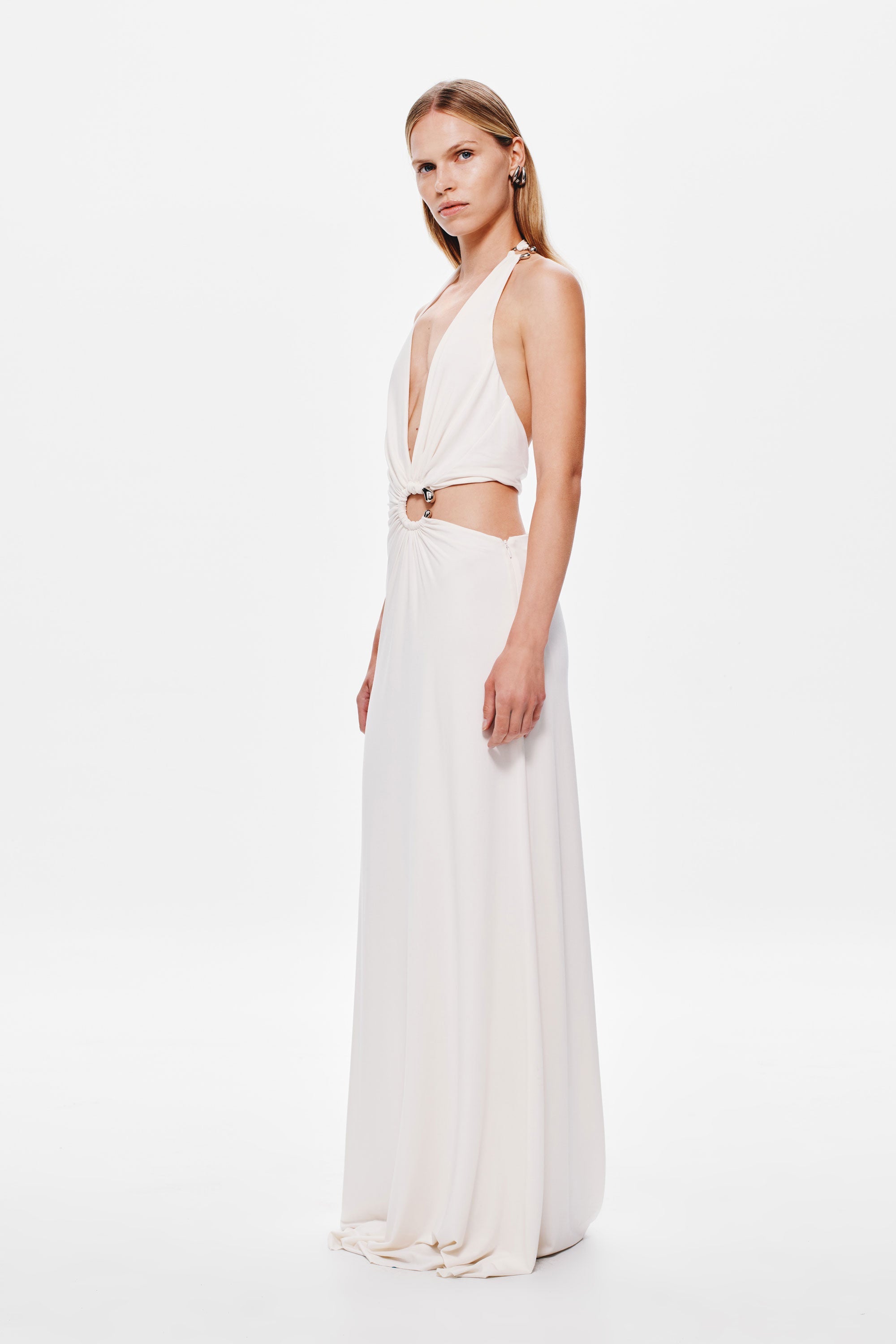 Ivory halter maxi dress with draped halter neckline and ring waist detail