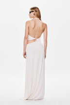 Ivory maxi dress with open back and halter strap, gathered waist ring detail