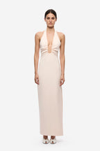Soft pink halter crepe maxi dress with keyhole bust cutout and sleeveless fit