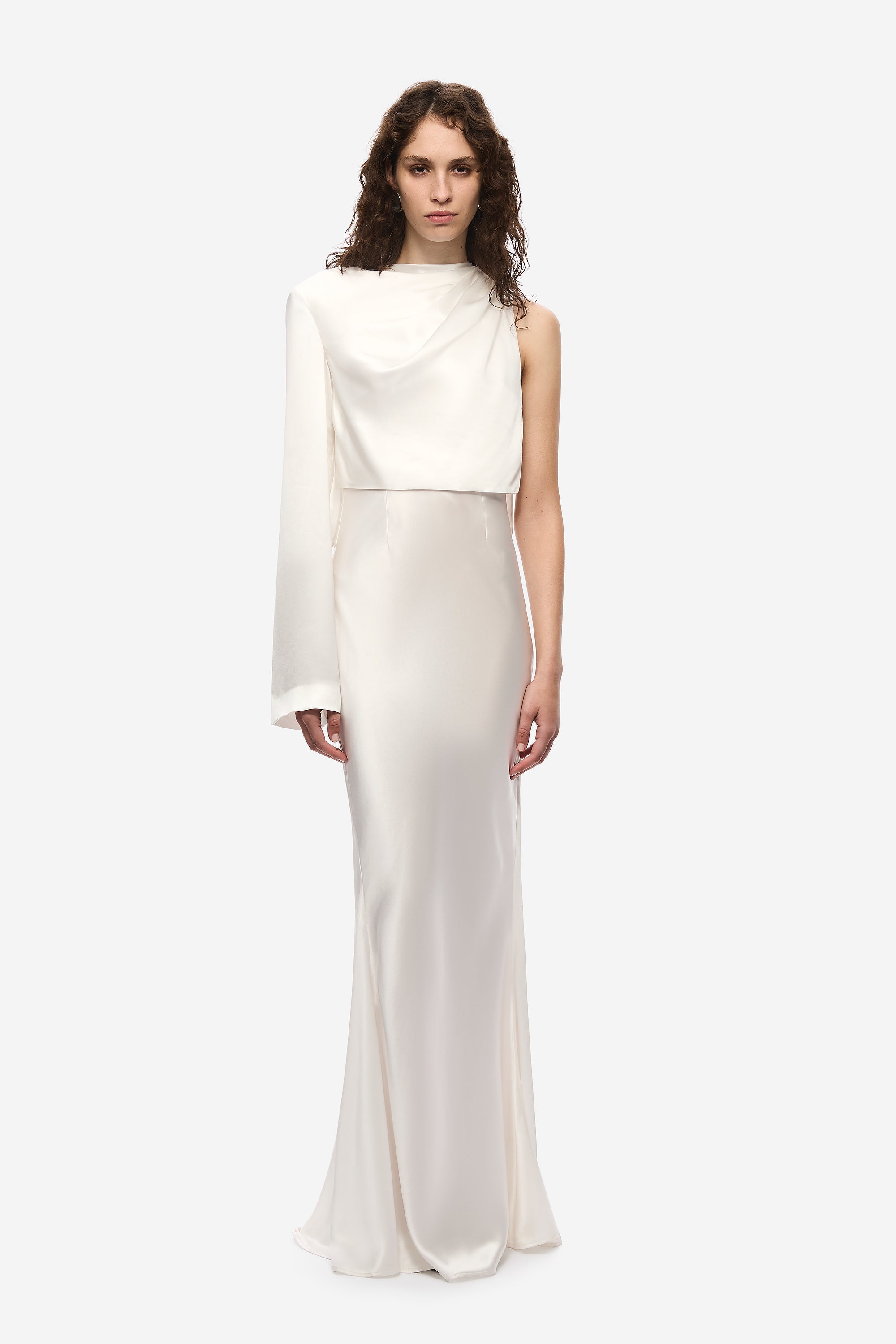 Ivory satin sheath dress, sleeveless high neckline with draped waist panel