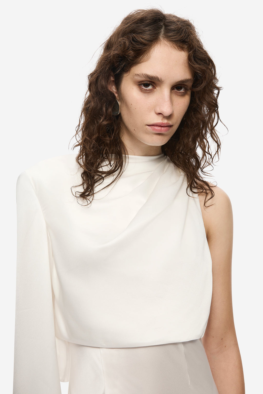 Ivory satin sleeveless high-neck dress with gathered cowl bodice