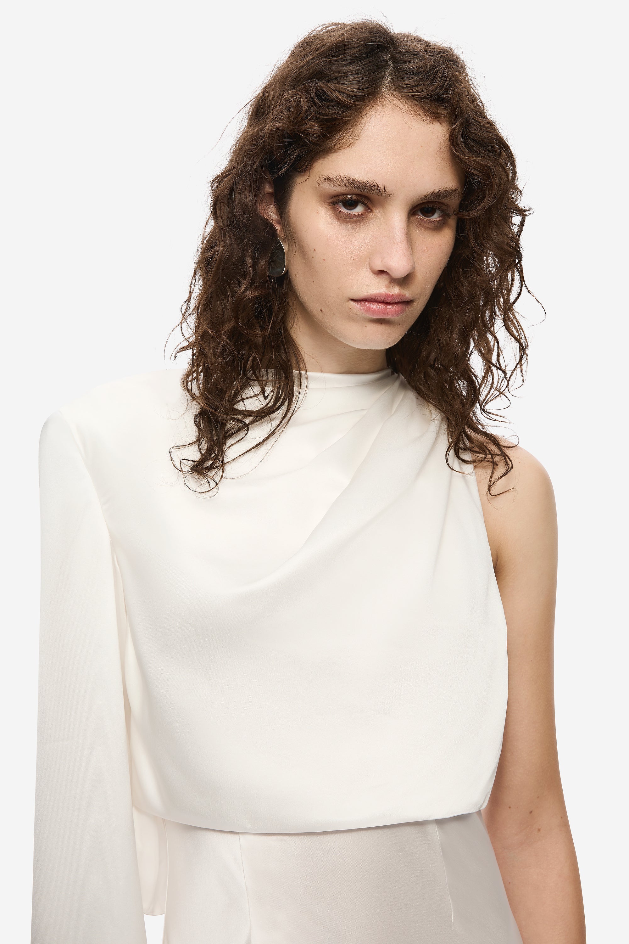 Ivory satin sleeveless high-neck dress with gathered cowl bodice