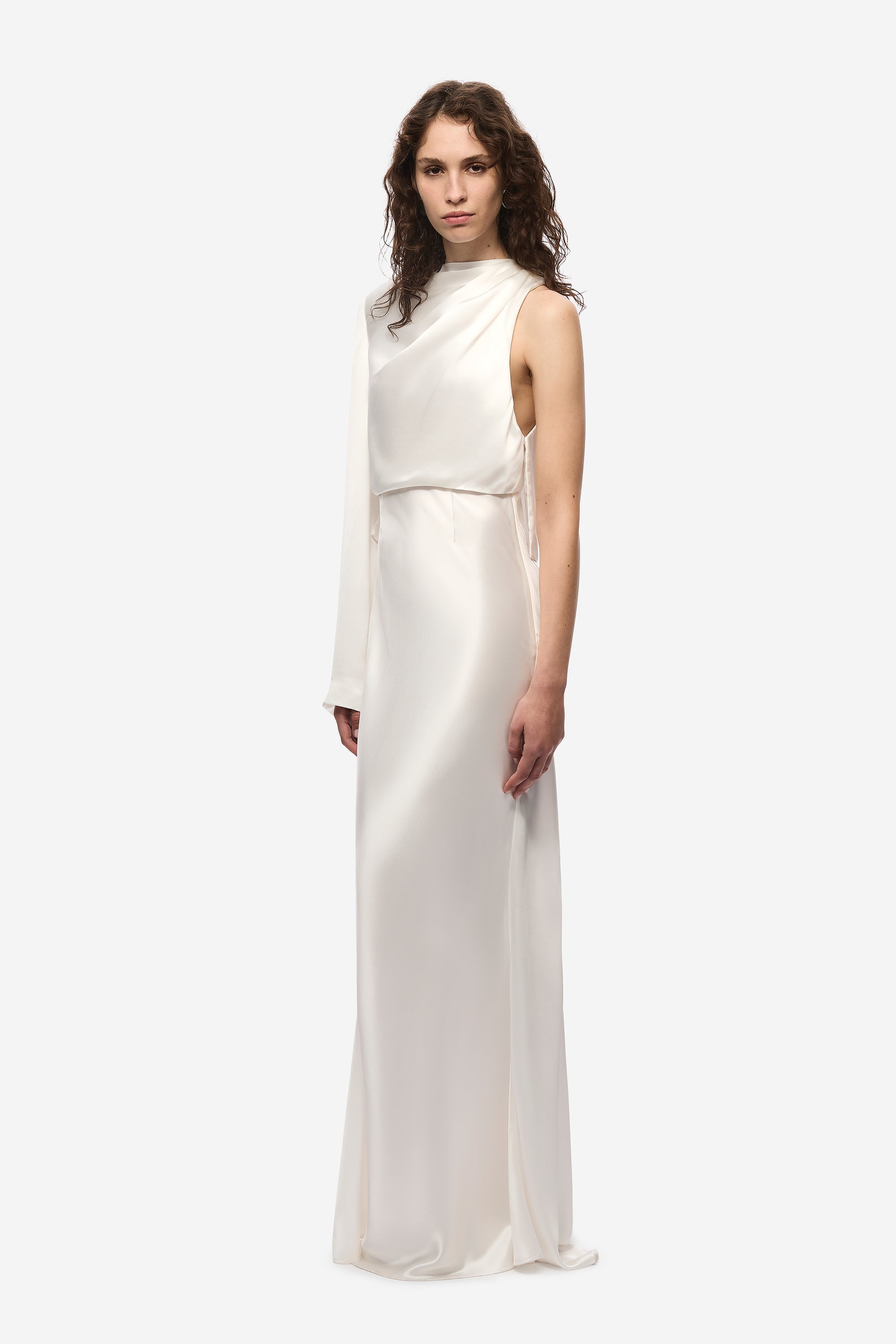Ivory satin long dress with high sleeveless neckline and smooth fitted column skirt
