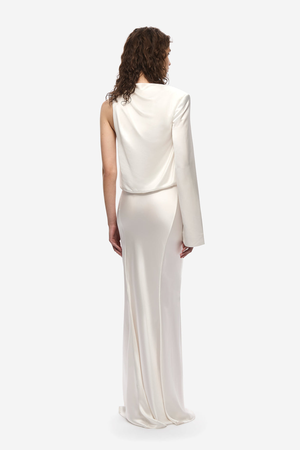 Ivory satin back of long dress with high neck and draped long wrap sleeve