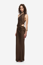 Brown satin halter maxi dress with asymmetrical drape across bodice