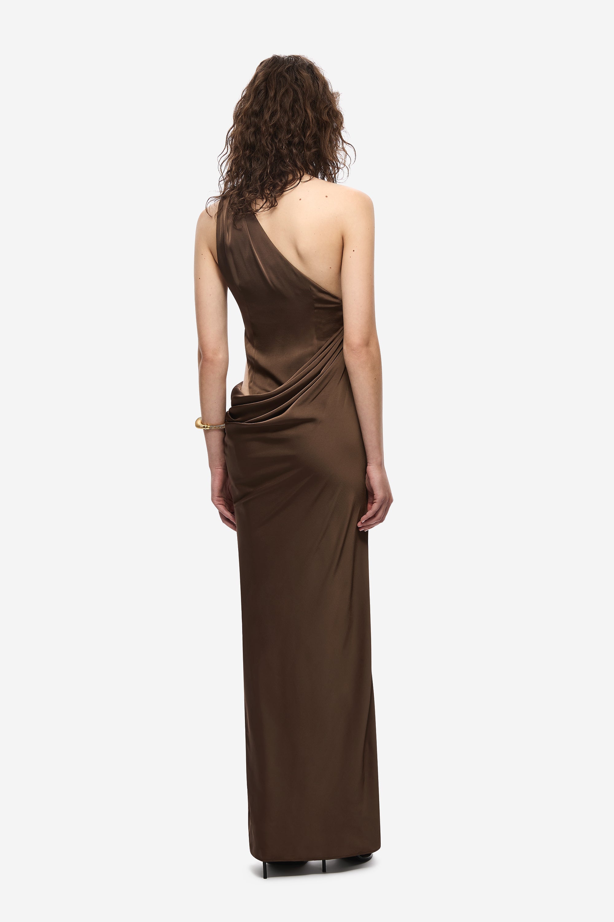 Brown satin halter maxi dress, back view with gathered twist at the waist