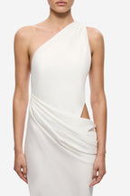 Ivory satin one-shoulder maxi dress, diagonal neckline and gathered waist drape