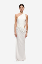 Ivory satin one-shoulder maxi dress with diagonal neckline and asymmetrical ruching
