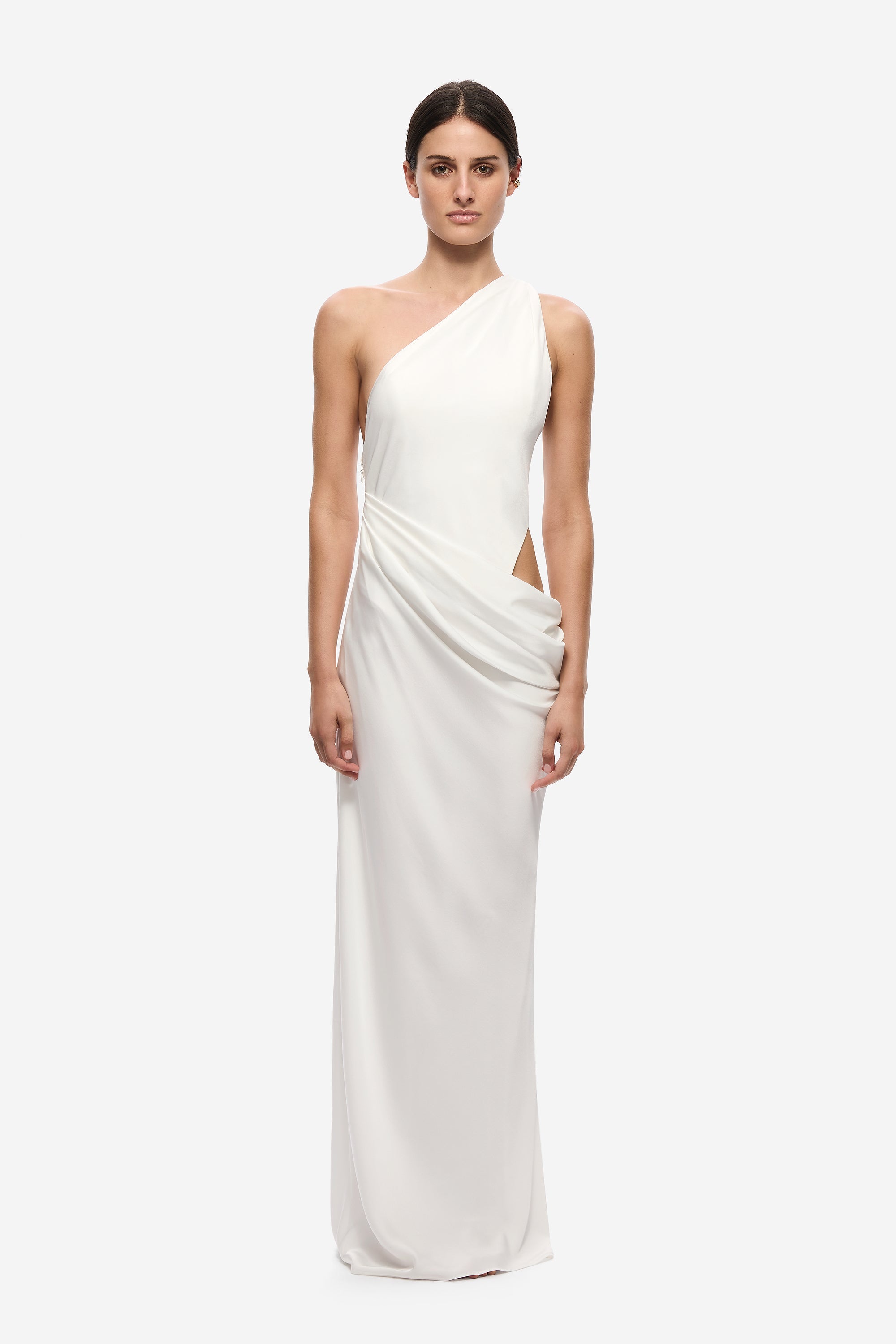 Ivory satin one-shoulder maxi dress with diagonal neckline and asymmetrical ruching