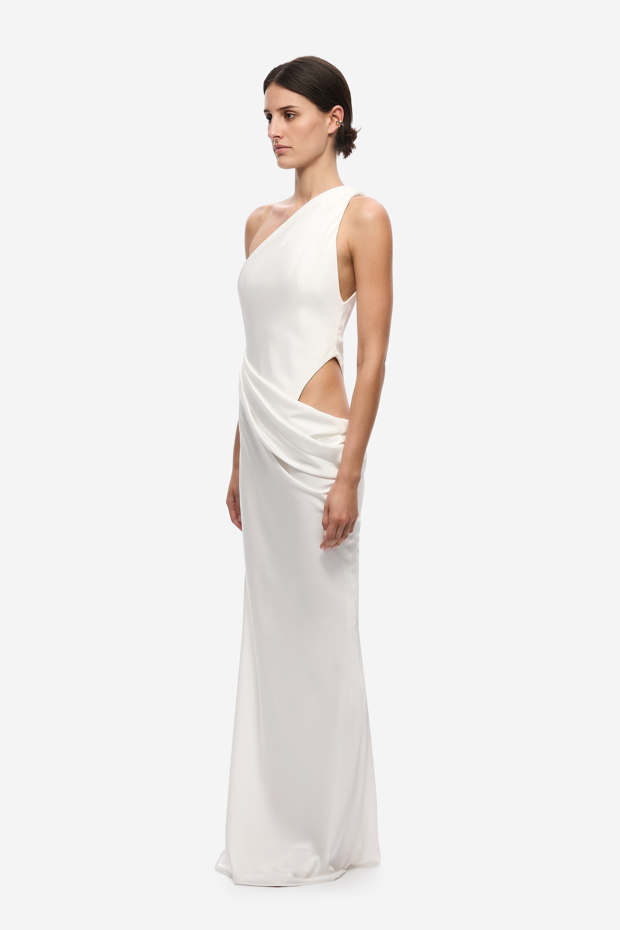 Ivory satin one-shoulder maxi dress with draped side and thigh slit