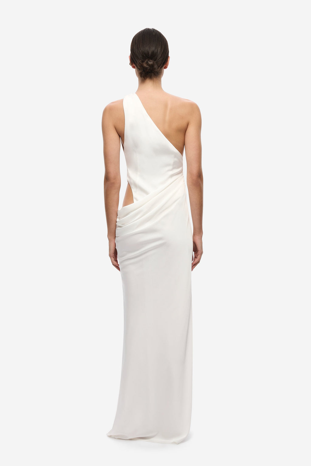 Ivory satin maxi dress, one-shoulder back with draped waist detail