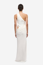 Ivory satin maxi dress, one-shoulder back with draped waist detail