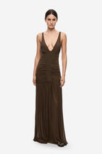 Women’s brown jersey maxi dress with spaghetti straps and ruched V-neck bodice