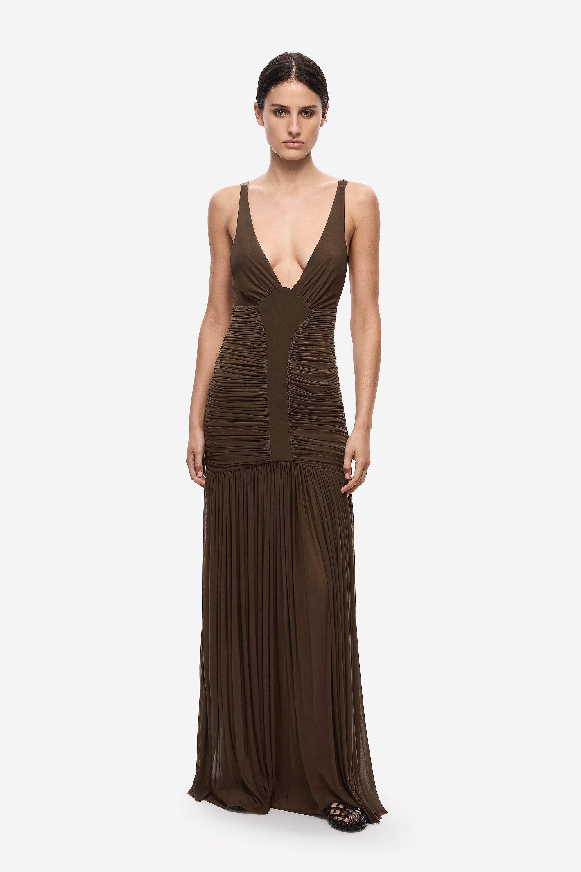 Women’s brown jersey maxi dress with spaghetti straps and ruched V-neck bodice