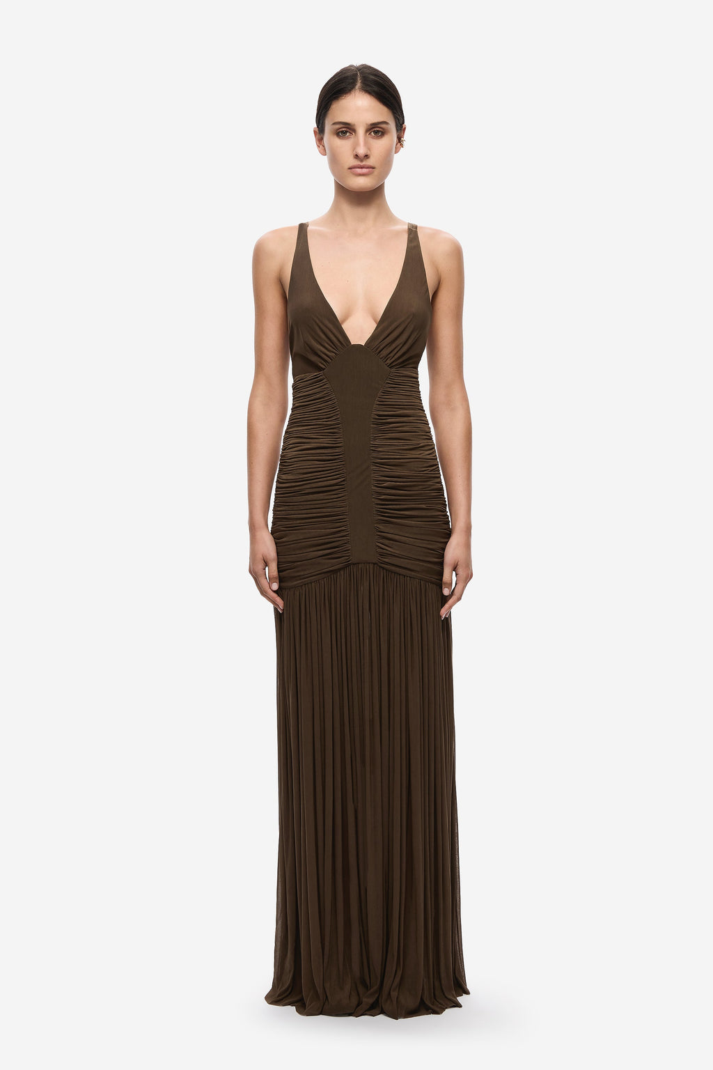 Women’s brown jersey maxi dress with spaghetti straps, ruched sweetheart bodice