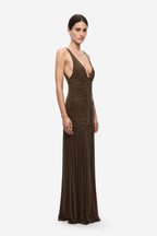 Women’s brown sleeveless maxi dress with V-neck front and gathered ruched fabric
