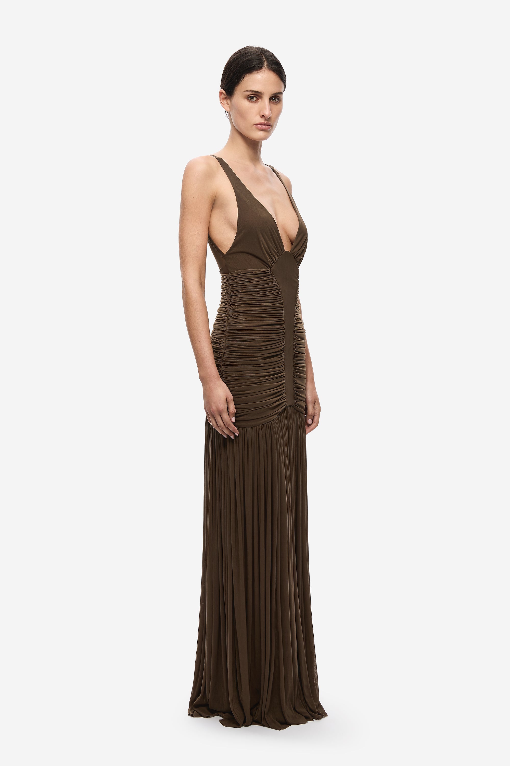 Women’s brown sleeveless maxi dress with V-neck front and gathered ruched fabric