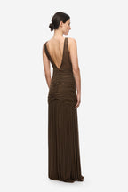Women’s brown jersey maxi dress, open back with draped ruched panels and thin straps