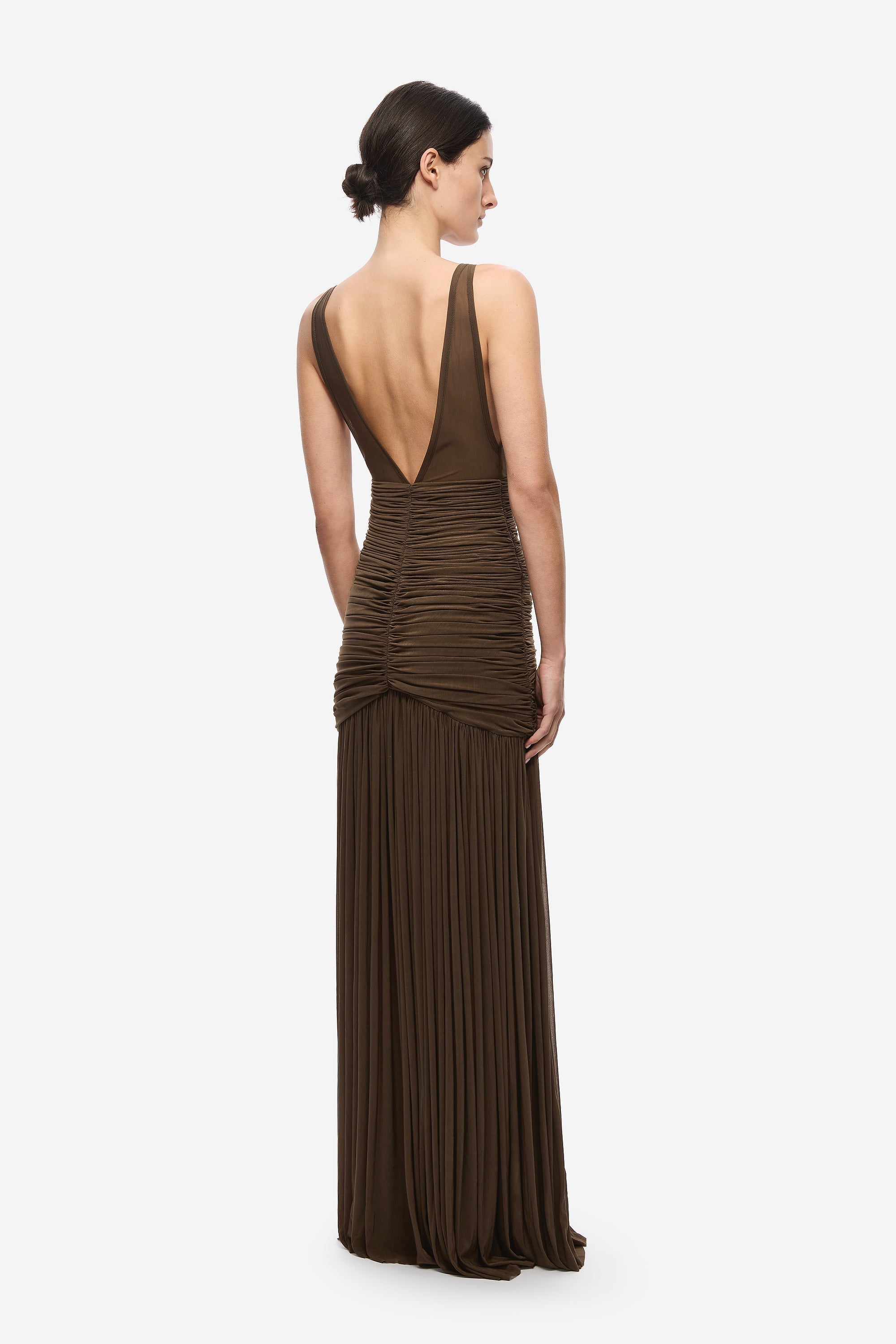 Women’s brown jersey maxi dress, open back with draped ruched panels and thin straps