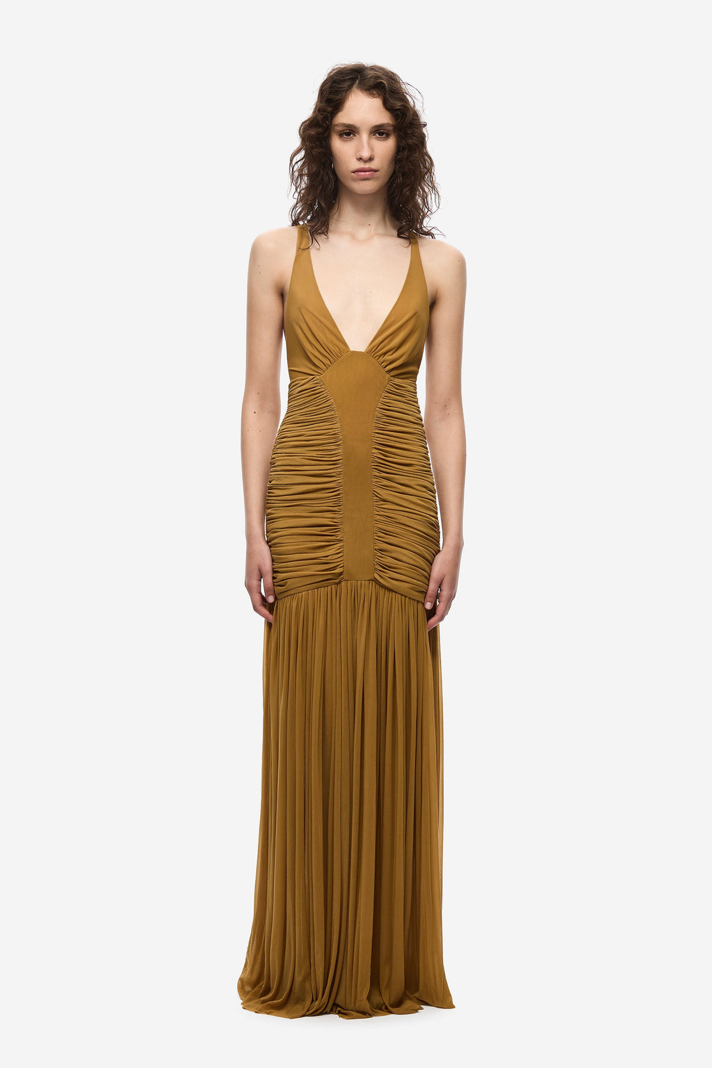 Mustard gold jersey maxi dress with ruched V-neck and spaghetti straps