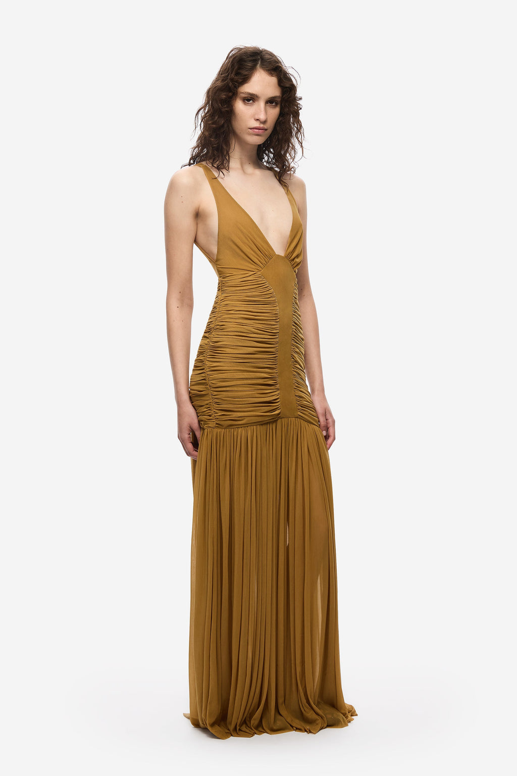 Mustard gold jersey maxi dress with ruched center and draped skirt