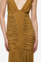 Mustard gold ruched jersey bodice with crossover V and gathered pleats