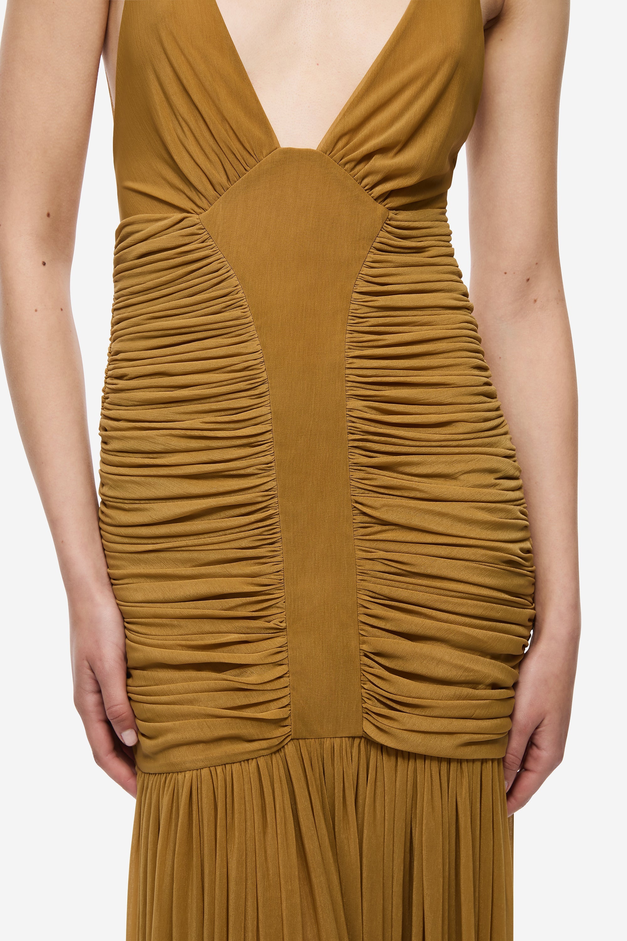 Mustard gold ruched jersey bodice with crossover V and gathered pleats