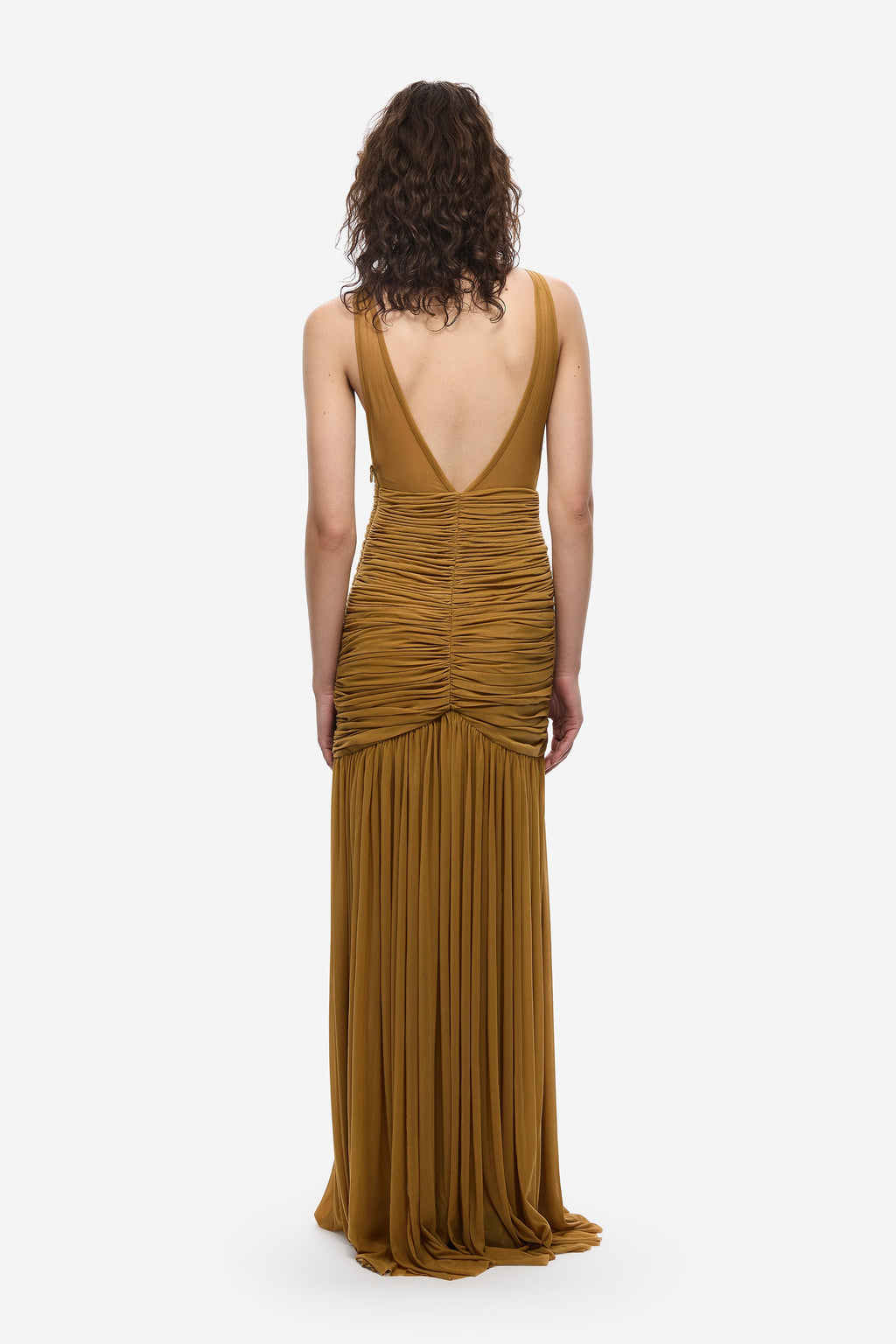 Mustard gold backless jersey maxi dress with V-back and ruched center